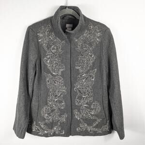 Chico’s 0 Wool Blend Embellished Floral Jacket Gray Metallic Embroidered Women